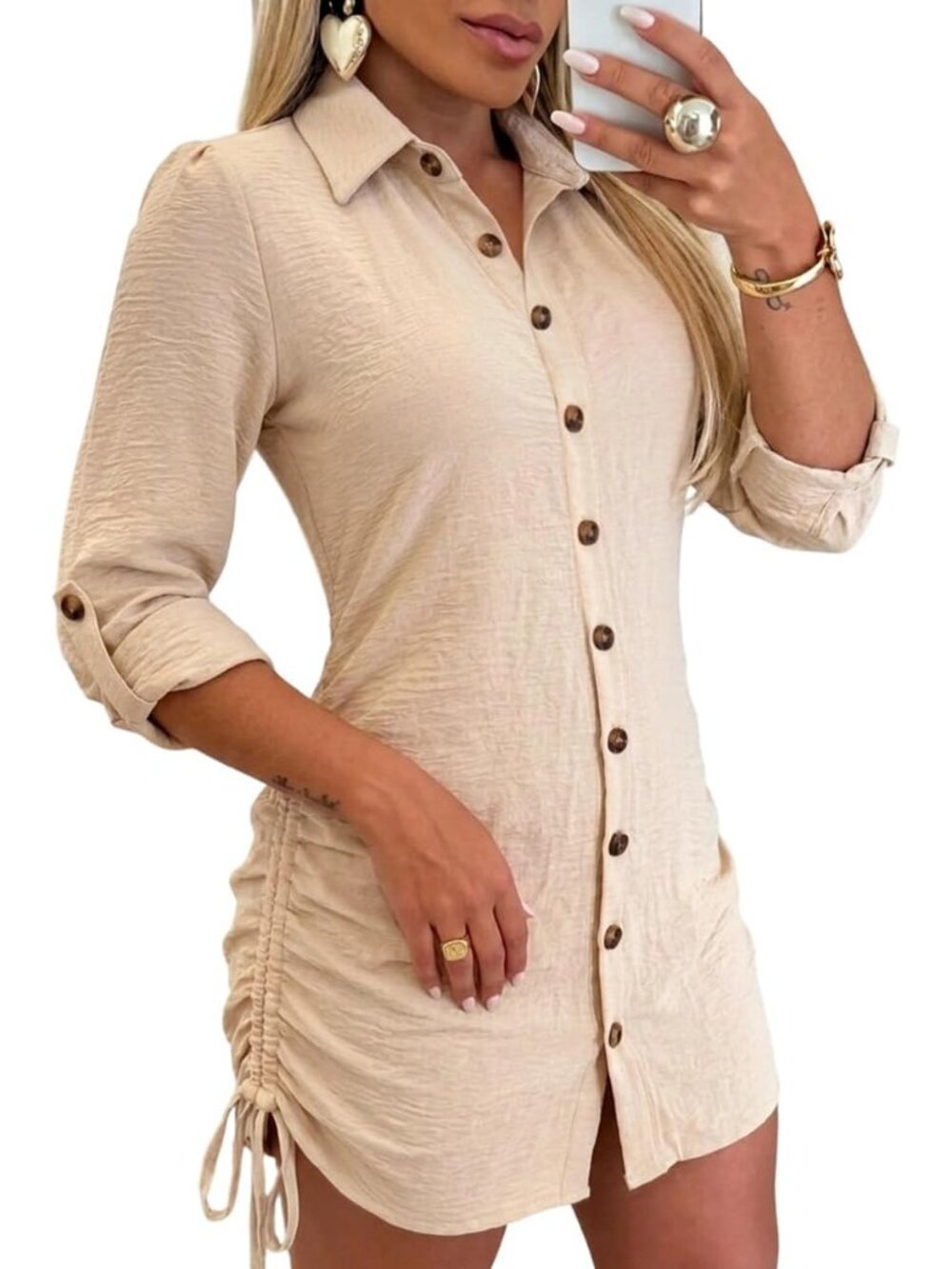 Women Long Sleeve Button Down Ruched Drawstring Shirt Dress